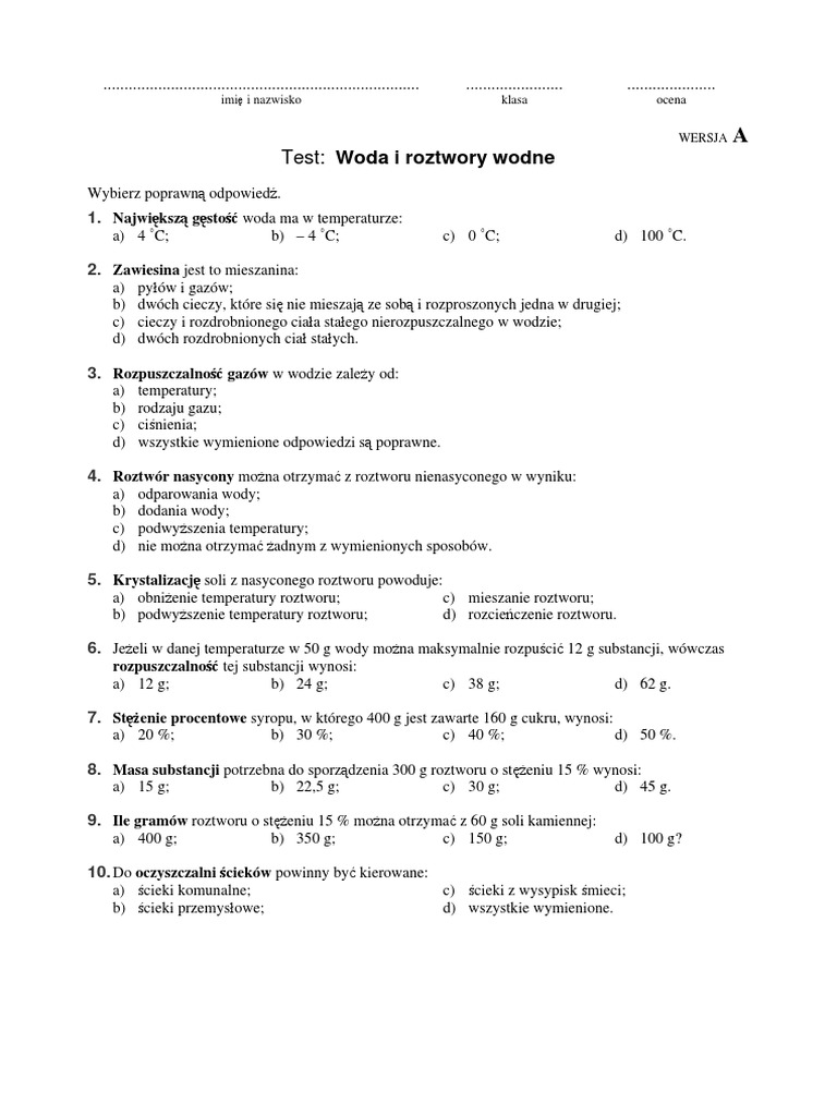 Woda I Roztwory Wodne Test Odpowiedzi