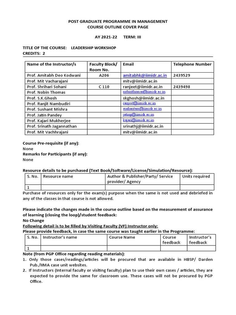 Revised Leadership Course Outline | PDF | Mentorship | Leadership