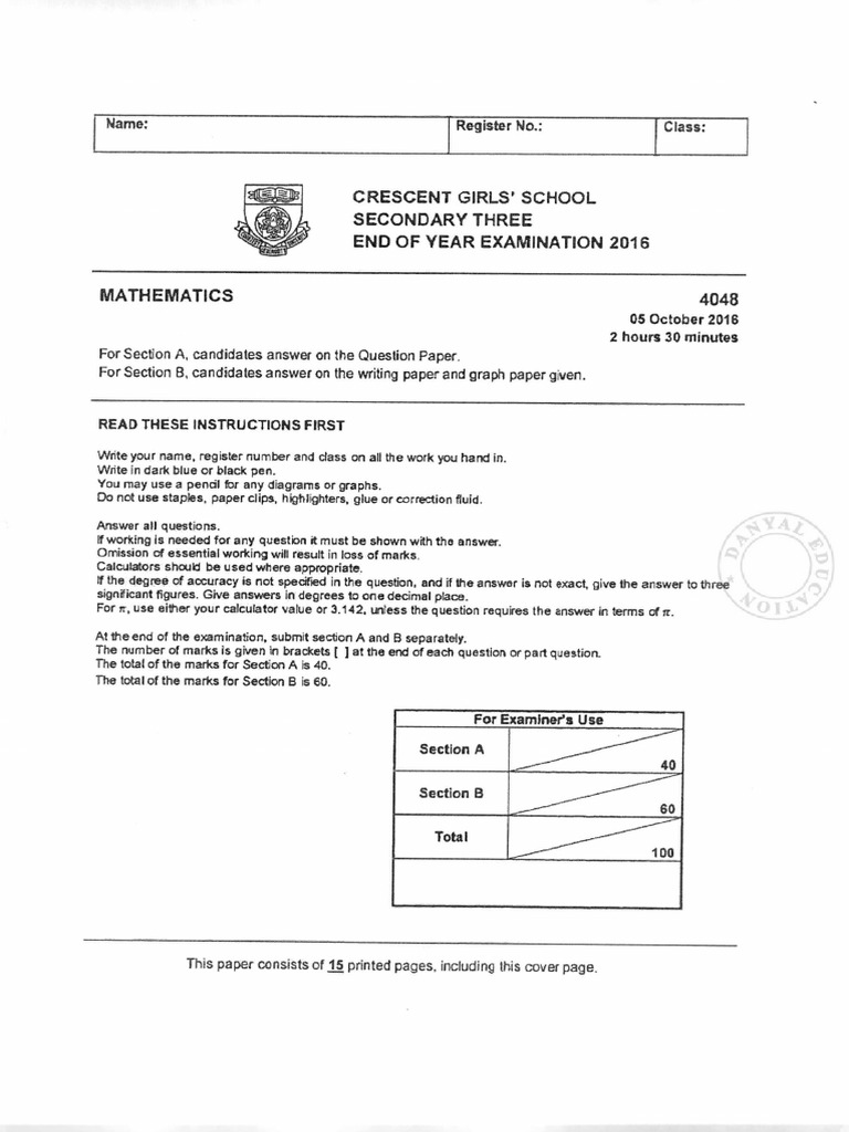Sec 3 E Math Crescent Girls SA2 2016 | PDF