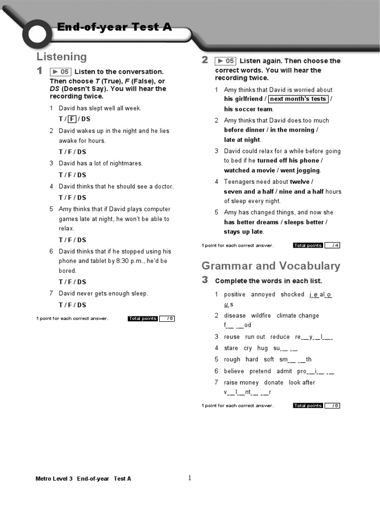 Metro Level 3 End-Of-Year Test A | PDF