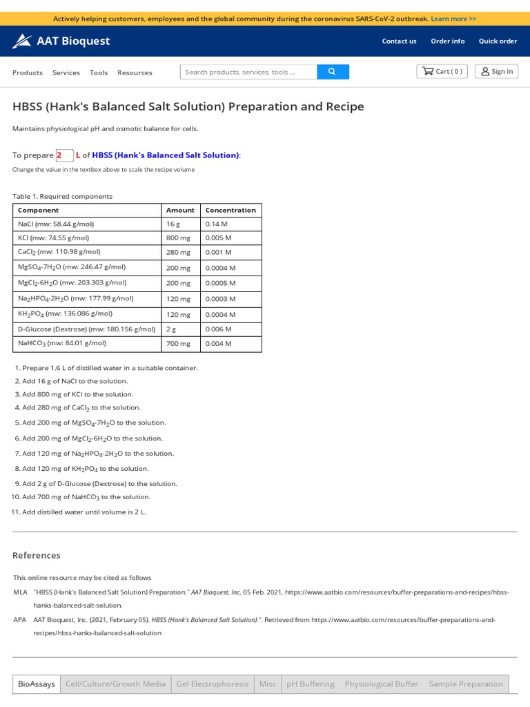 HBSS (Hank's Balanced Salt Solution) Preparation and Recipe - AAT ...