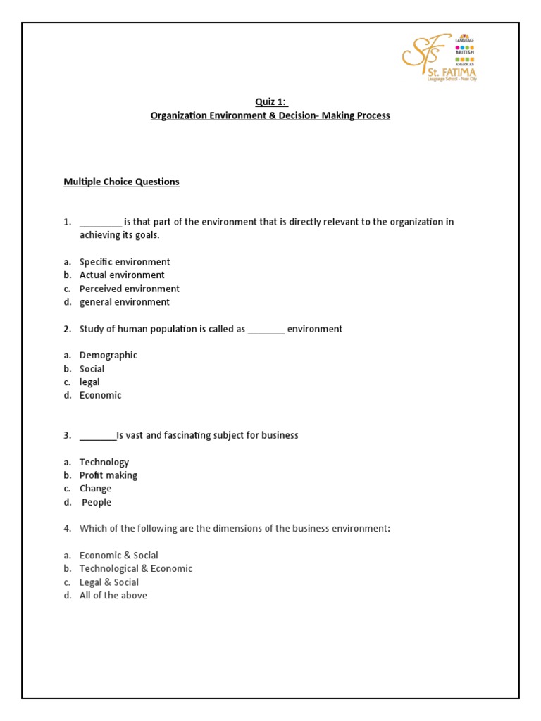 Q2 Business Quiz 1 PDF Decision Making Business