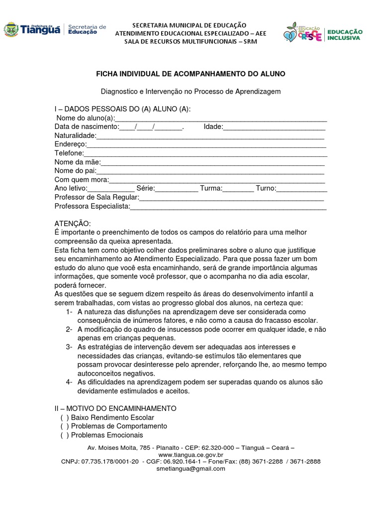 Ficha de Acompanhamento do Aluno AEE | PDF | Educação Especial ...
