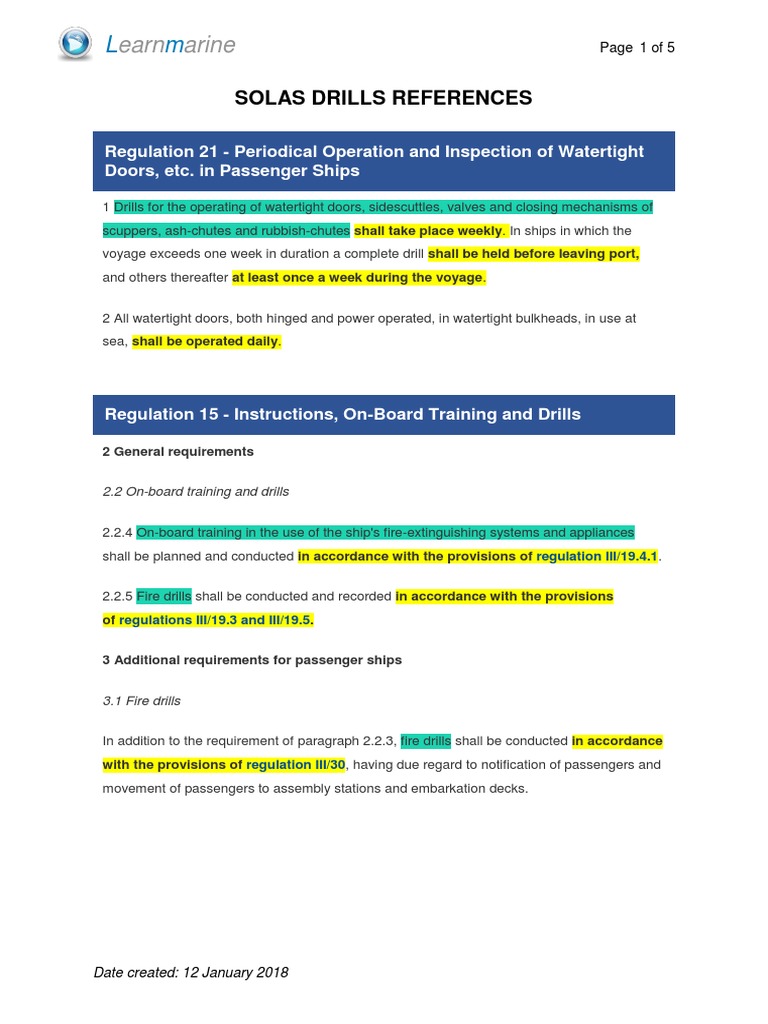 SOLAS Drill Requirements Overview | PDF | Watercraft | Shipping