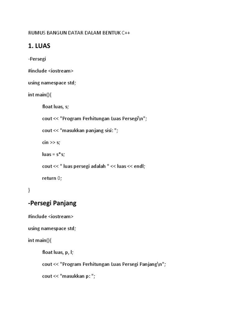 Rumus Bangun Datar Dalam Bentuk C++ | PDF