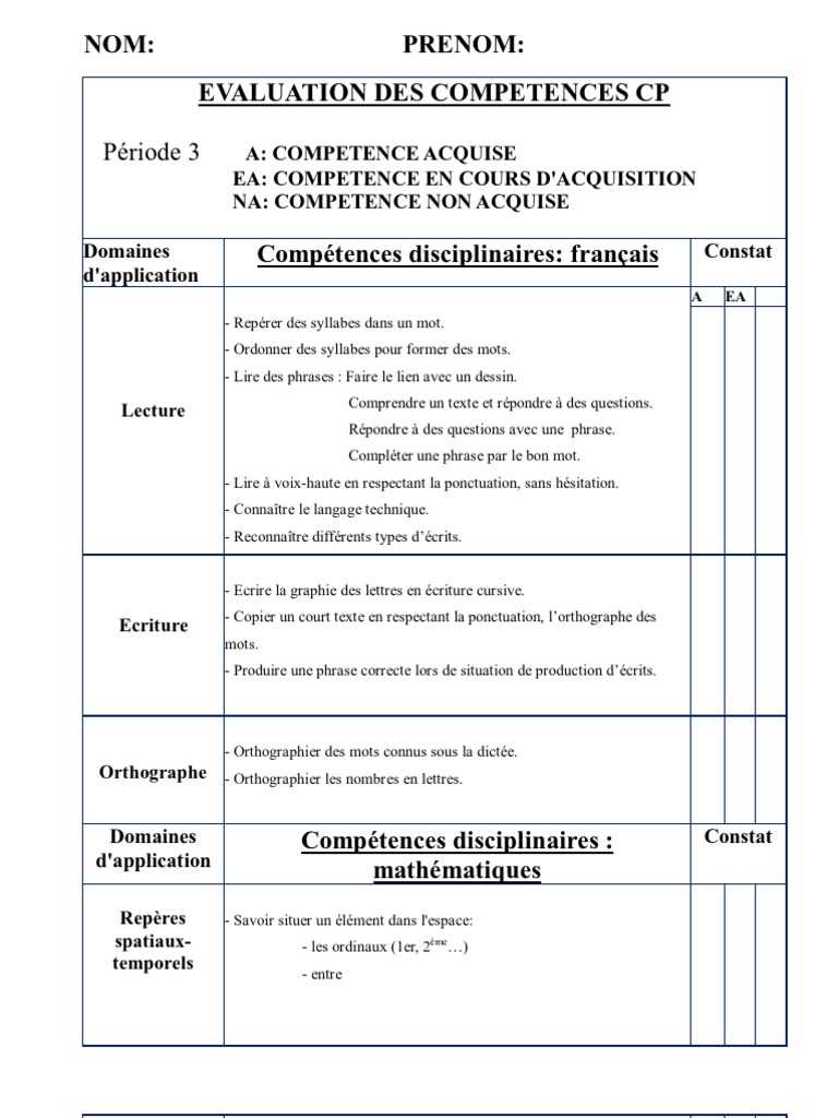 Grille De Competence Trimestre 3 Cp Pdf Semiotique