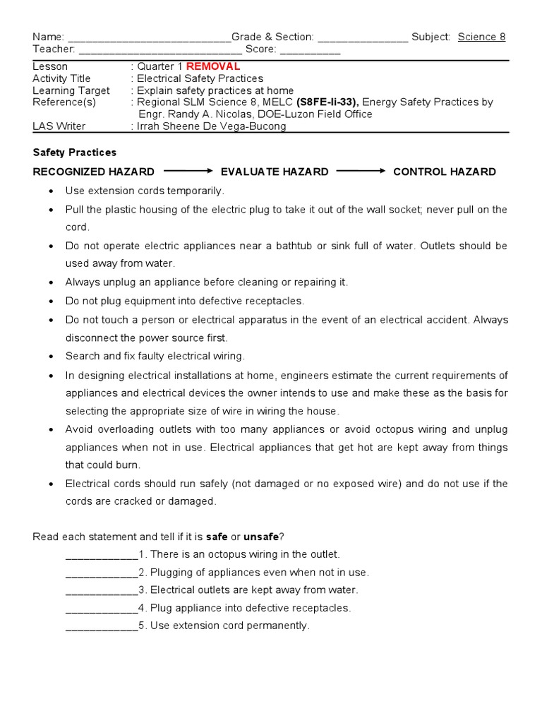 Safety Practices Recognized Hazard Evaluate Hazard Control Hazard PDF