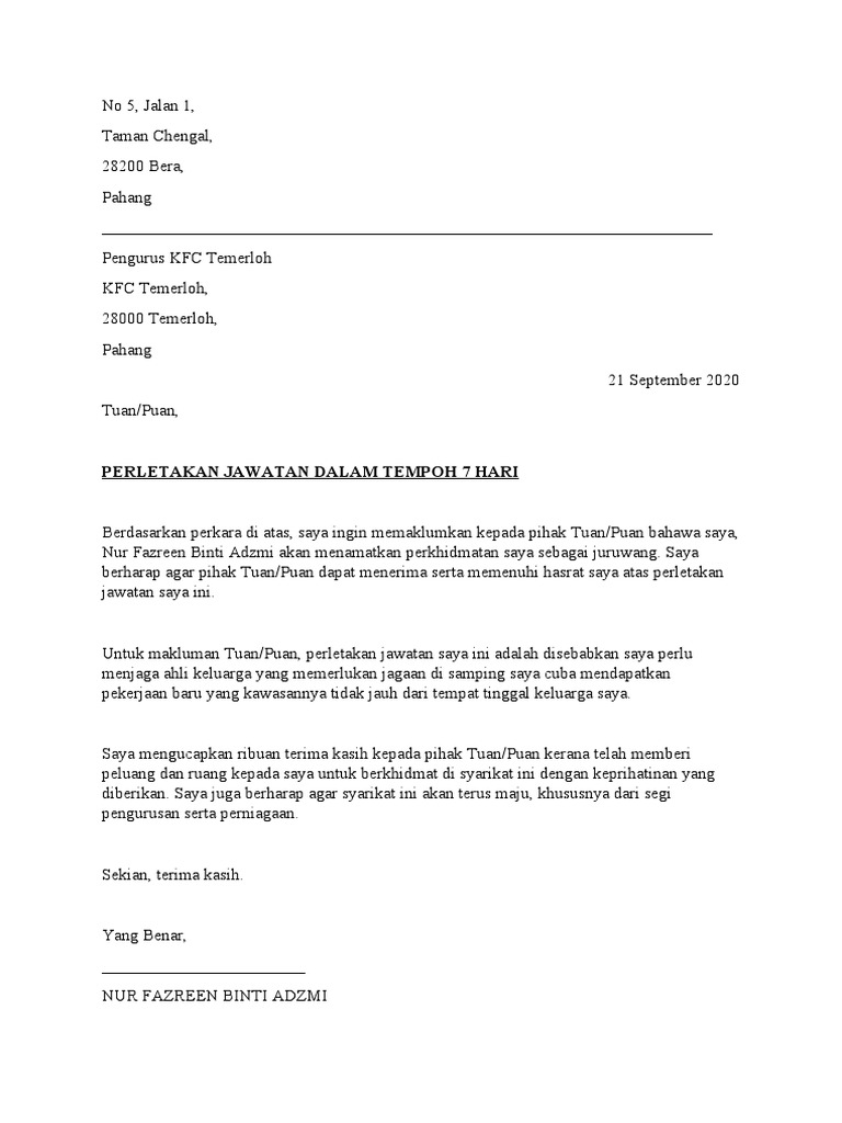 Example of Resignation Letter in Malay | PDF