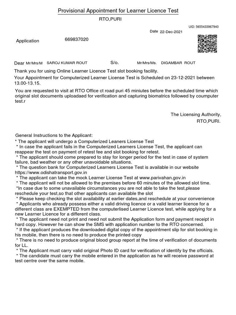 Provisional Appointment For Learner Licence Test 22Dec2021 Date