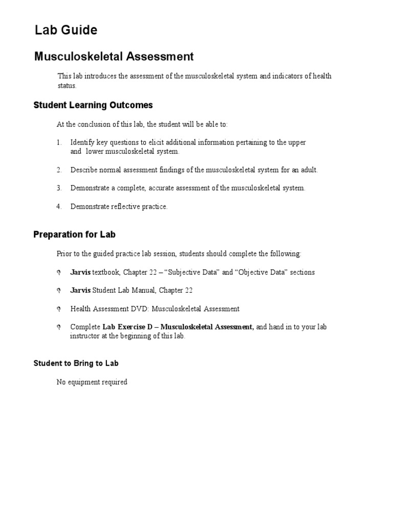 Lab Guide Musculoskeletal Assessment PDF Anatomical Terms Of