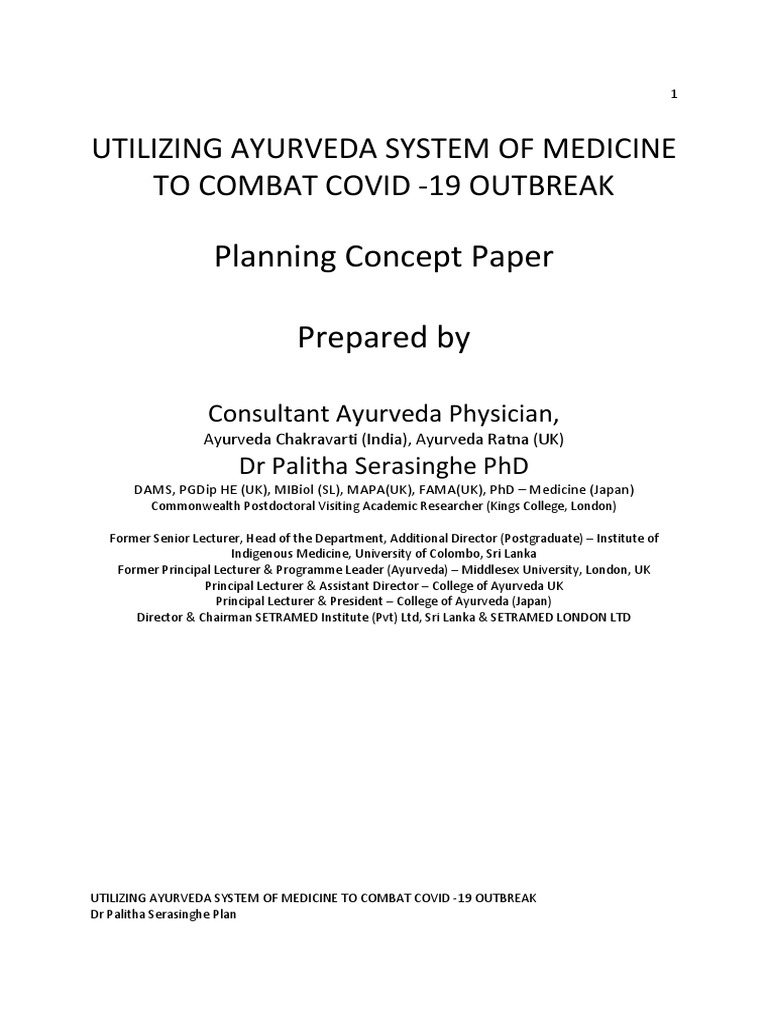 COVID 19 Ayurveda Project Concept Paper DR Palitha Serasinghe | PDF ...
