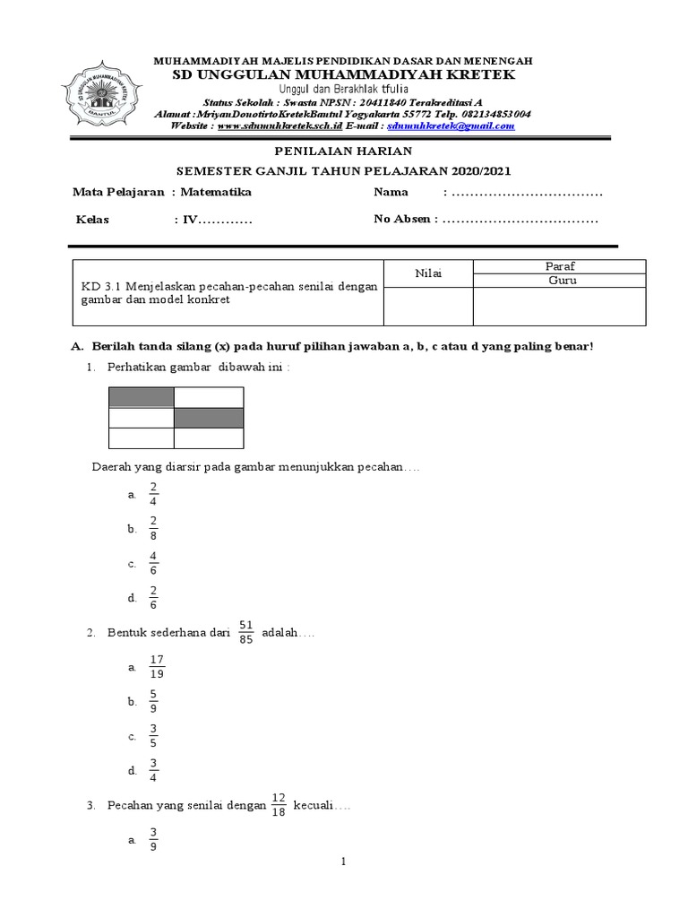 Penilaian Matematika Kelas 4 Semester 1 | PDF