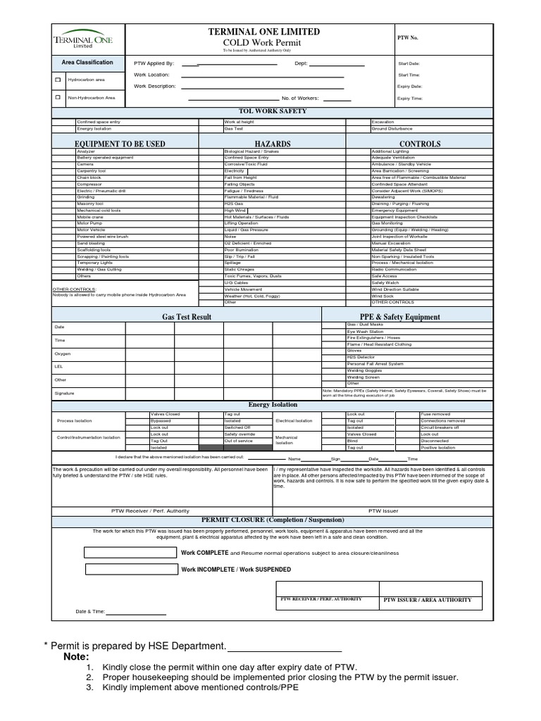 Cold Work Permit Template for Safety | PDF | Personal Protective ...