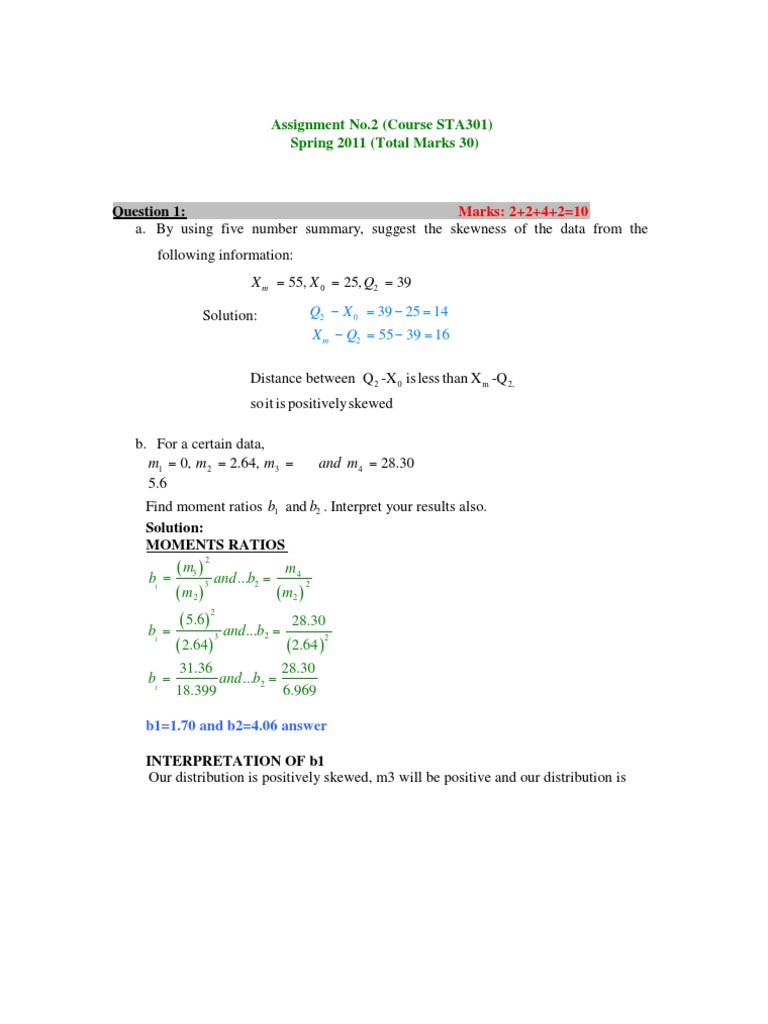 STA301 Spring 2011 Assignment Solutions | PDF | Skewness | Linear ...