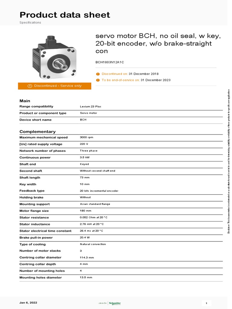 Product Data Sheet: Servo Motor BCH, No Oil Seal, W Key, 20-Bit Encoder ...