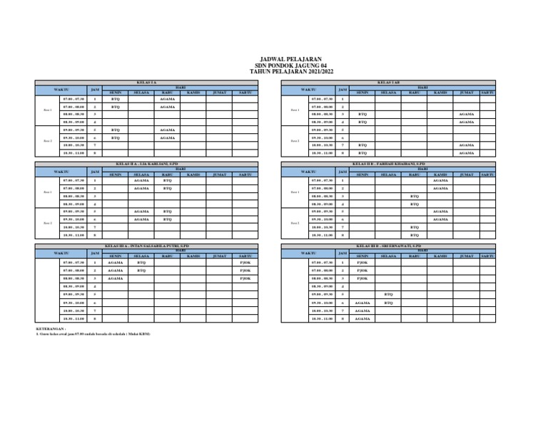 Jadwal Pelajaran KLS 1, 2, 3 Tahun 2021 - 2022 Semester 2 Terbaru | PDF