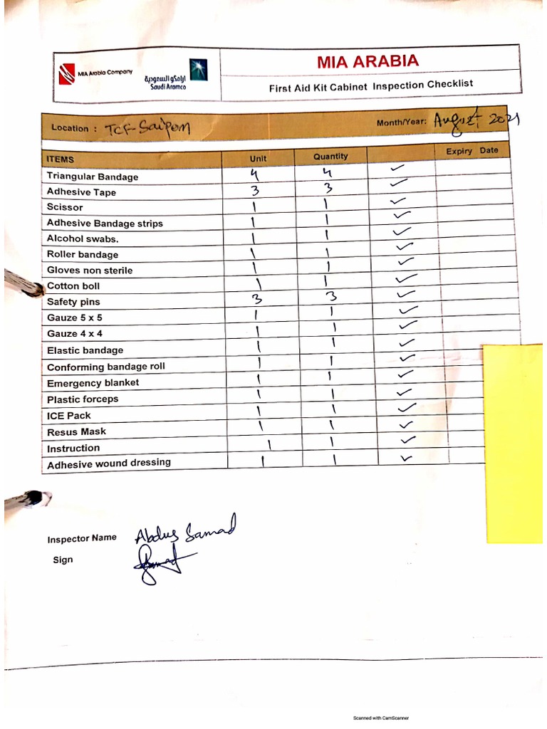 First Aid Box Checklist (August 2021) PDF