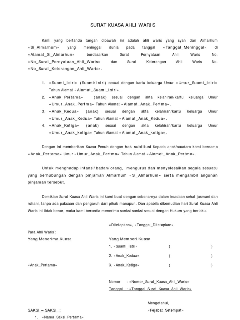 Contoh Surat Warisan