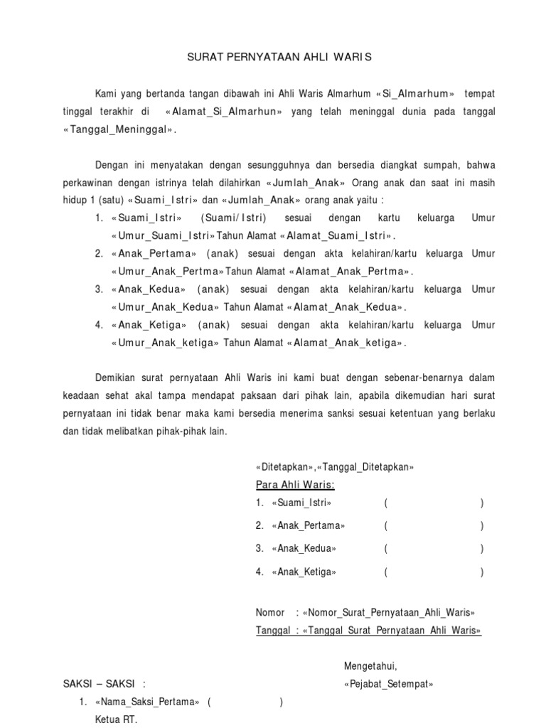 Contoh Surat Keterangan Ahli Waris Yang Sudah Meninggal