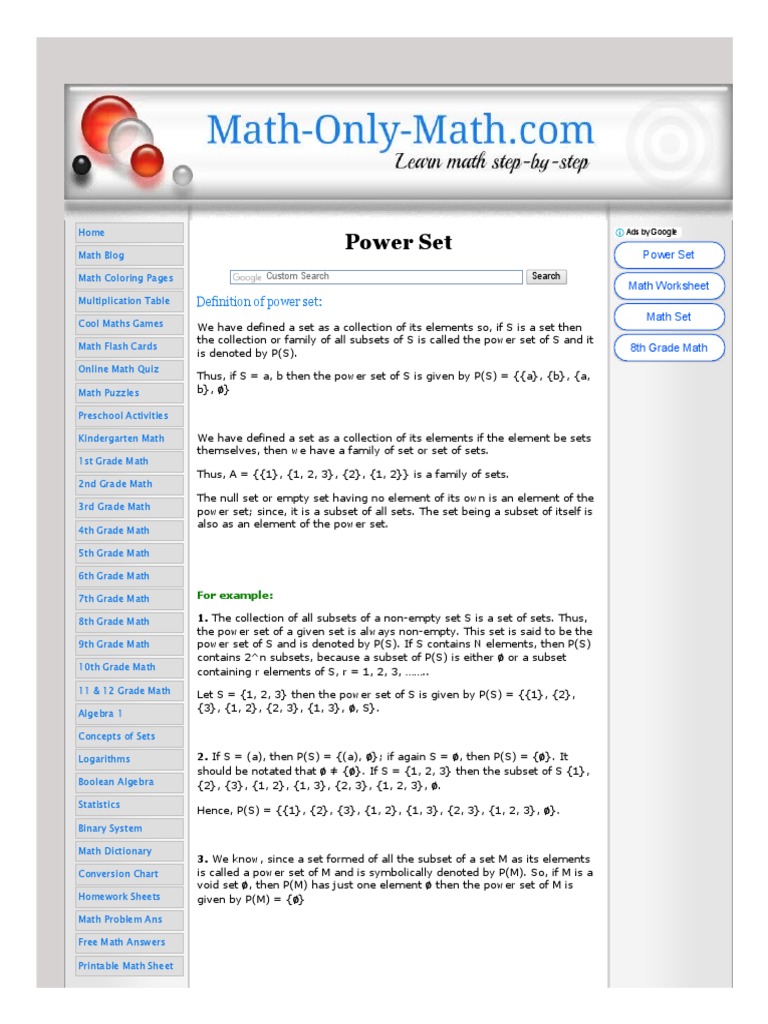 Power Set Definition of Power Set Family of Sets Set of Sets