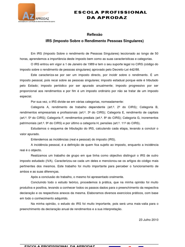 Imposto Sobre O Rendimento De Pessoas Singulares
