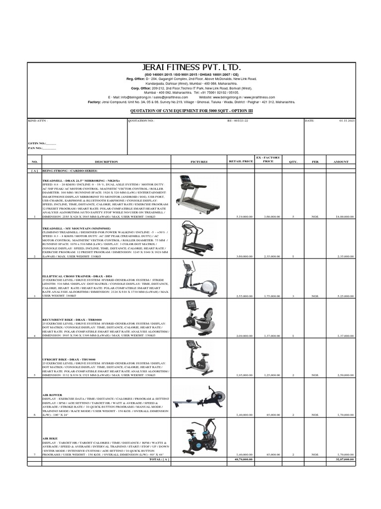 Jerai Fitness Pvt. LTD. Quotation of Gym Equipment For 5000 SQFT