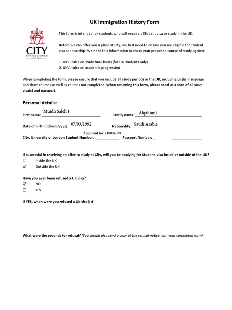 UK Immigration History Form Personal Details PDF Travel Visa