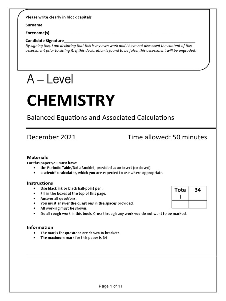 Balanced Equations and Associated Calcs PDF Chemistry Titration