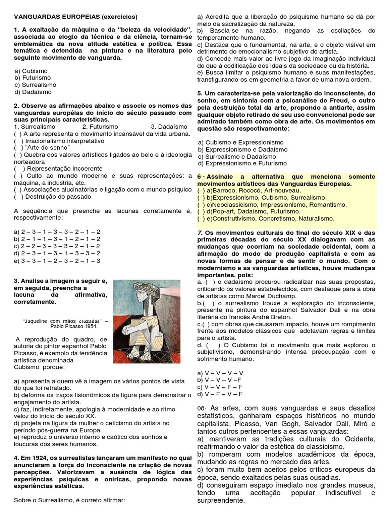 Exercícios Vanguardas Europeias | PDF | Surrealismo | Expressionismo