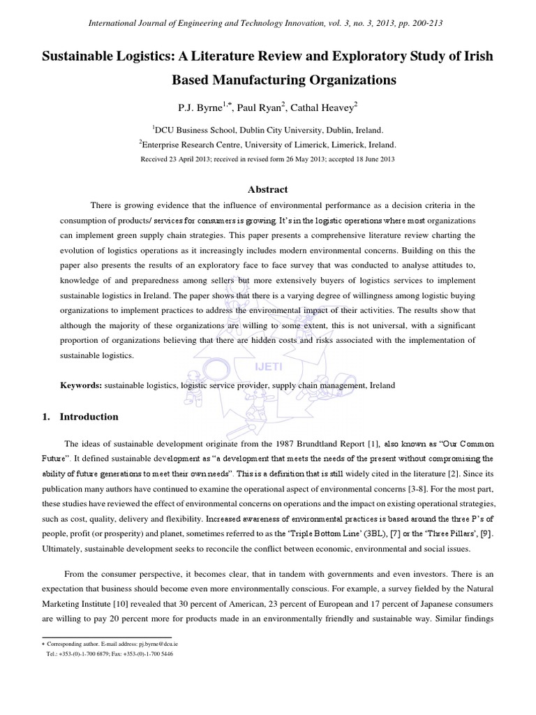 Sustainable Logistics - A Literature Review and Exploratory Study of ...