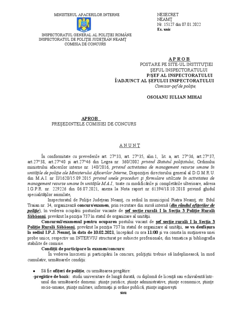 Anunt Sef Sectia de Politia Rurala Nr. 3 Sabaoani | PDF