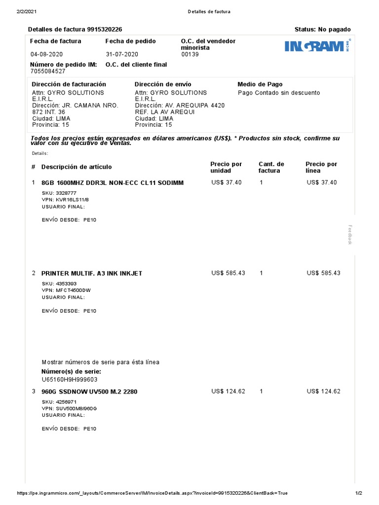Detalles De Factura Ingram Impresora Pdf