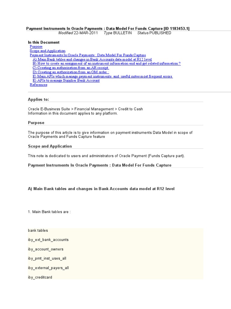 Oracle Payments: Bank Tables Overview | PDF | Payments | Credit Card