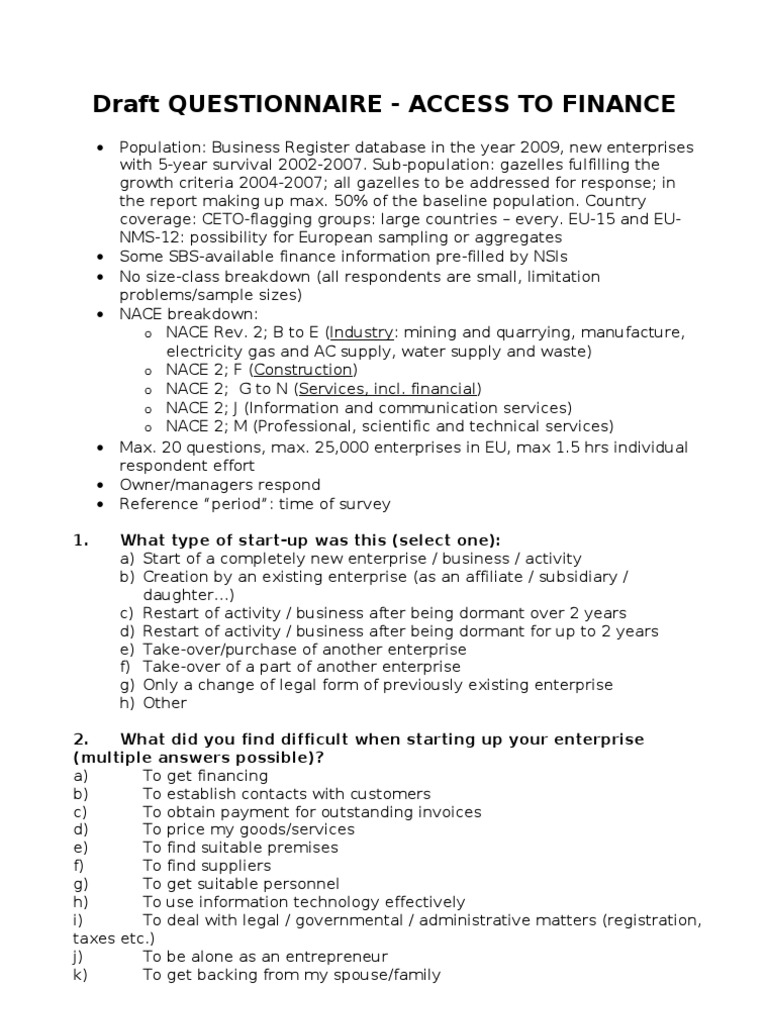 Draft Questionnaire - Access To Finance: 1. What Type of Start-Up Was ...