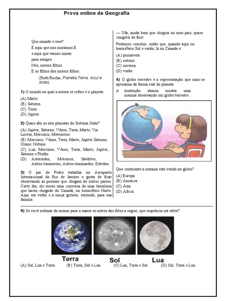 Prova Online de Geografia 5 Ano | PDF | Terra | Planetas