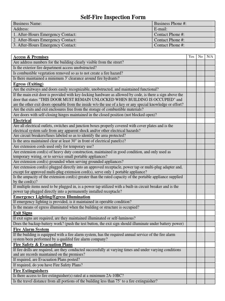 Self-Fire Inspection Checklist Form | PDF | Fire Sprinkler System | Ac ...