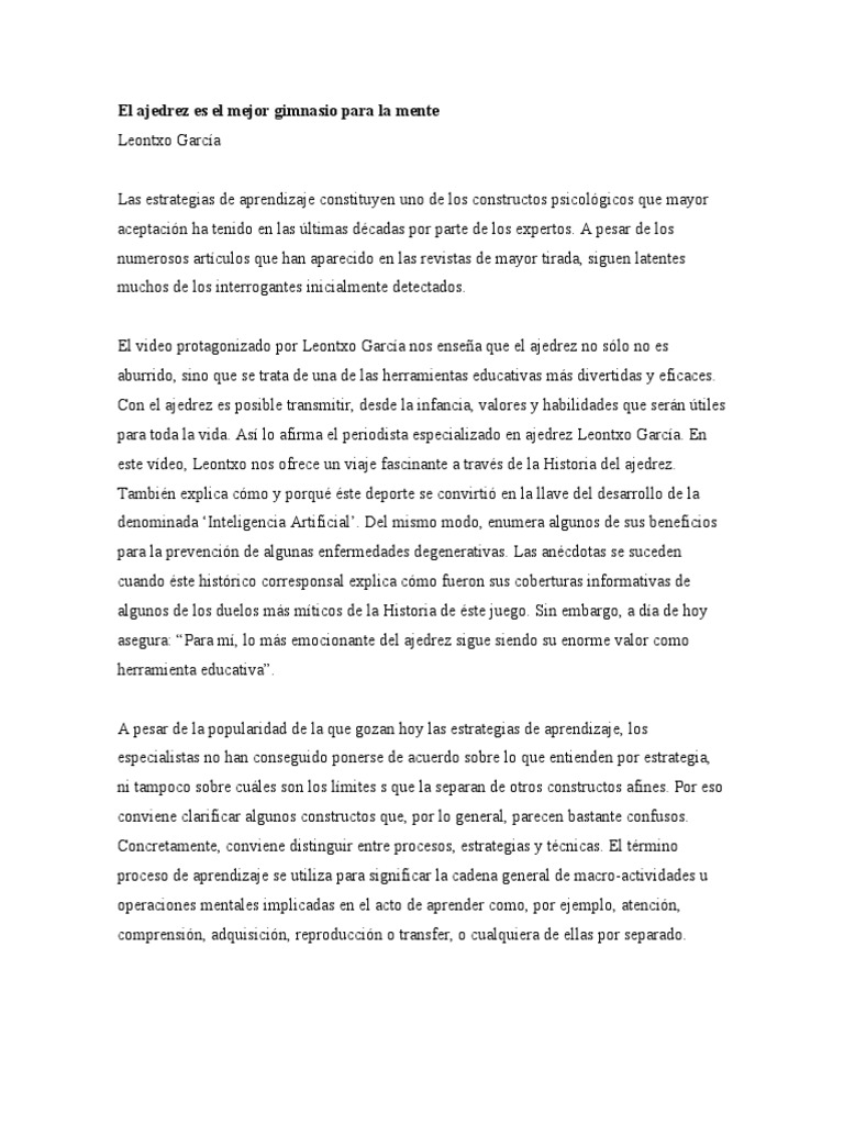 Ajedrez: Gimnasio para la mente | PDF | Ajedrez | Aprendizaje