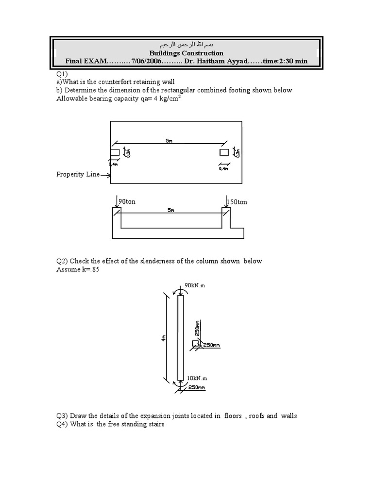Buildings Construction Final EXAM . 7/06/2006 Dr. Haitham Ayyad