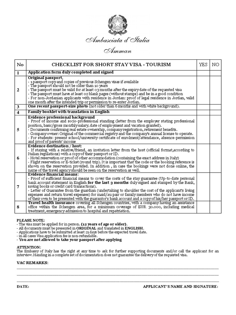 Checklist for Tourism Visa Application to Italy Requirements for Short