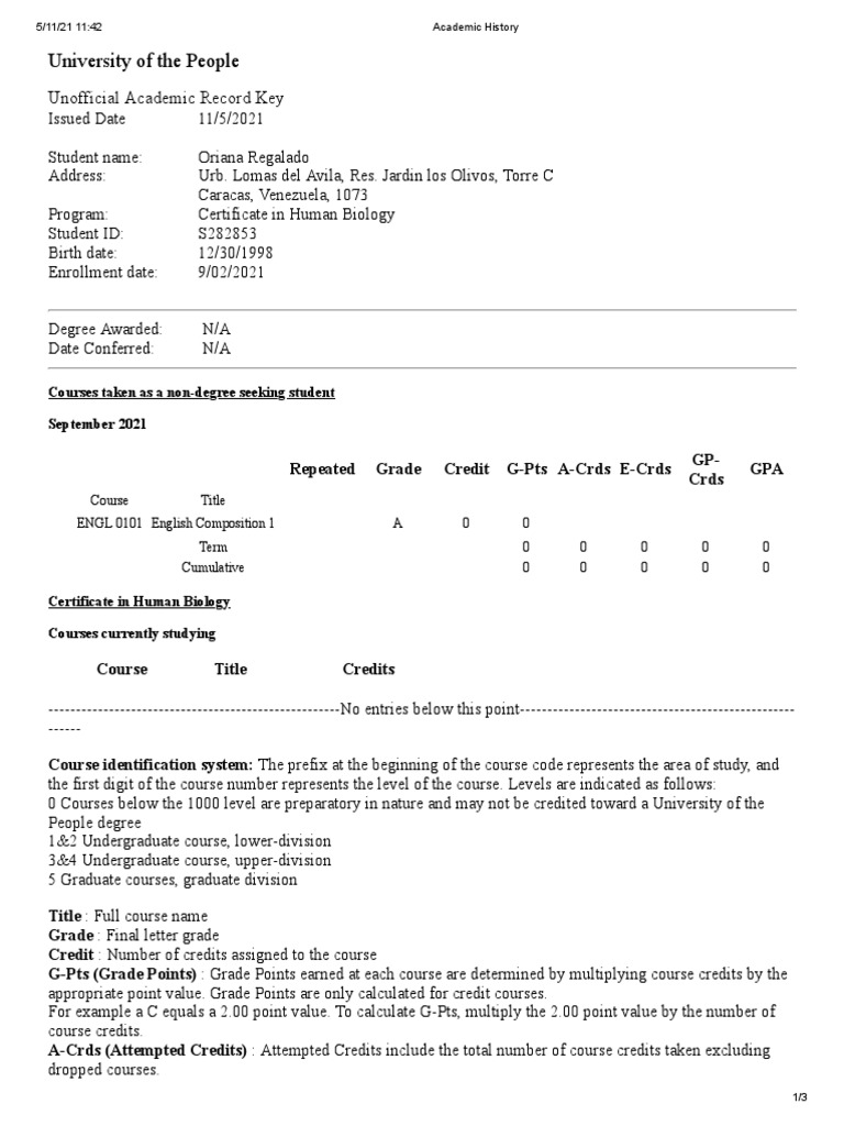 University of the People Transcript Key | PDF | Academia | Educational ...