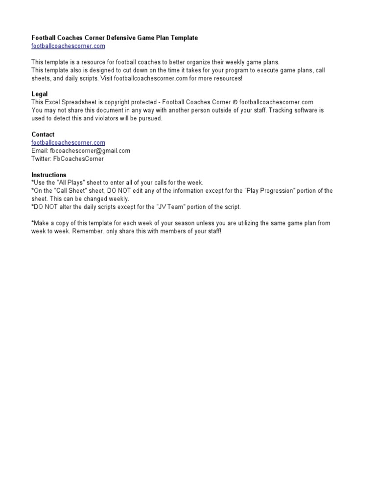 Football Coaches Corner Defensive Game Plan Template Download Free