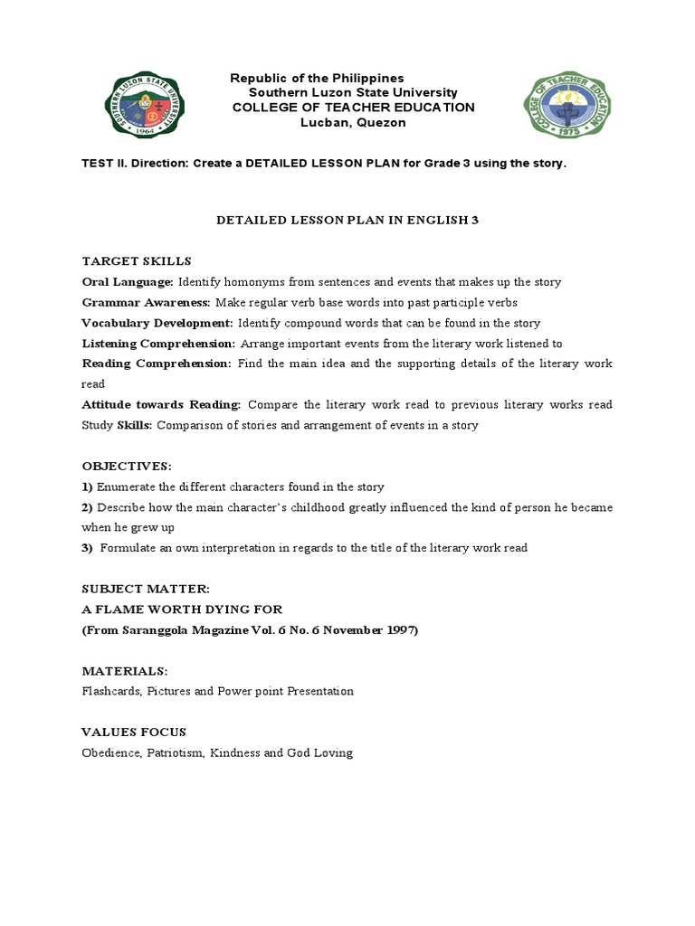 TEST II. Direction: Create A DETAILED LESSON PLAN For Grade 3 Using The ...