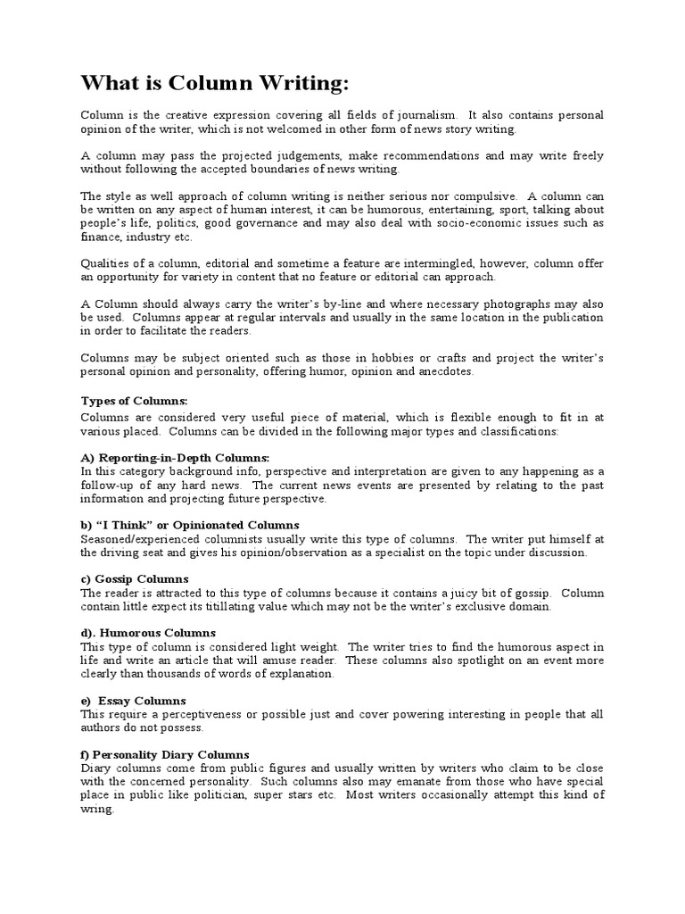 Column Writing and Editorial Writing Notes PDF Writers Argument