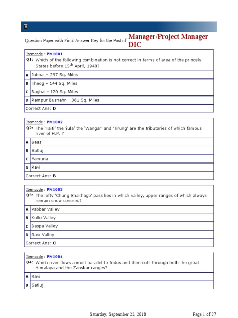 Manager/Project Manager DIC: Question Paper With Final Answer Key For ...