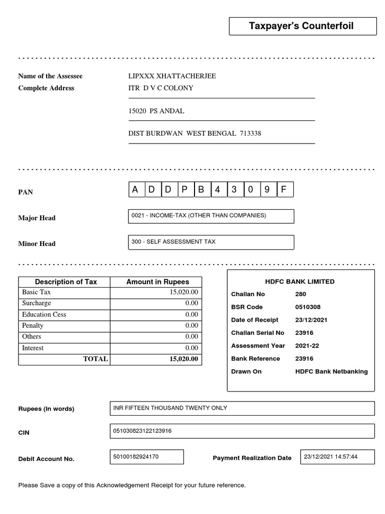 Acknowledgment of Self Assessment Tax | PDF