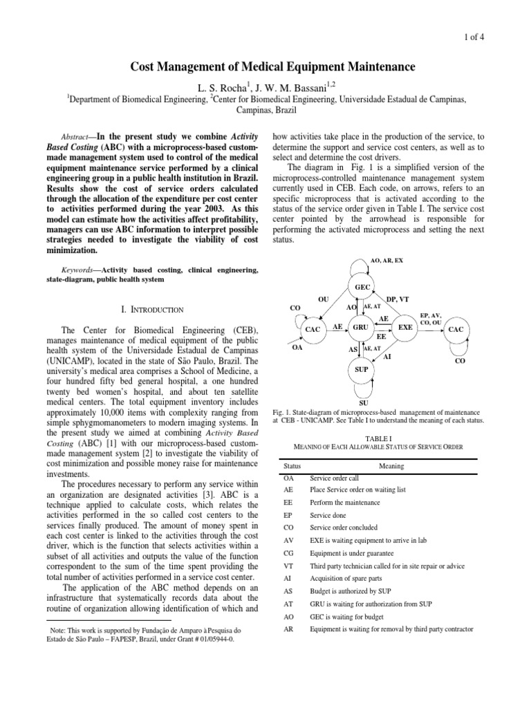 Cost Management of Medical Equipment Maintenance PDF Cost Expense