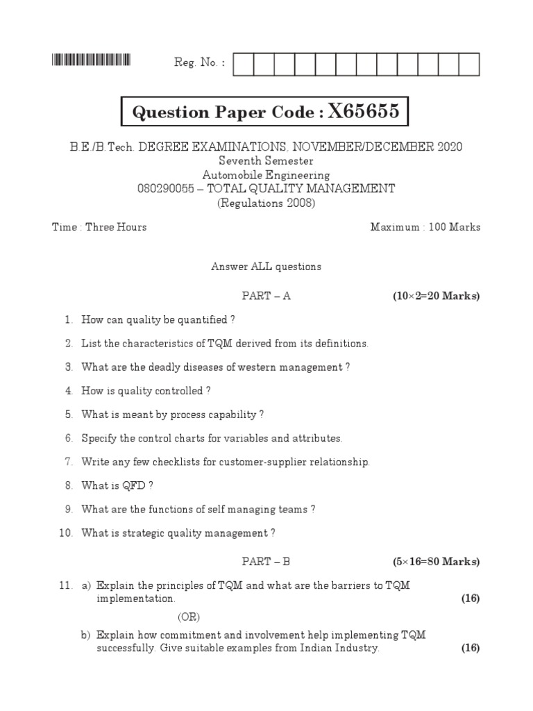 TQM Question Paper for Automobile Engineering | PDF | Quality ...