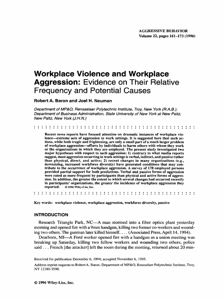 Workplace Violence and Workplace Aggression:: Evidence On Their ...