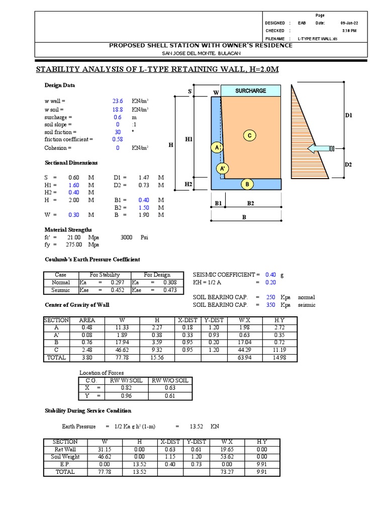 L-Type Retaining Wall Stability Analysis | PDF | Physical Quantities | Soil