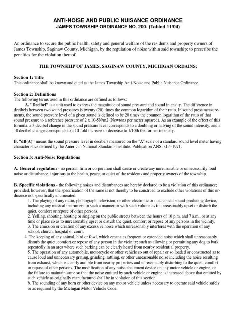 AntiNoise and Public Nuisance Ordinance JAMES TOWNSHIP ORDINANCE NO